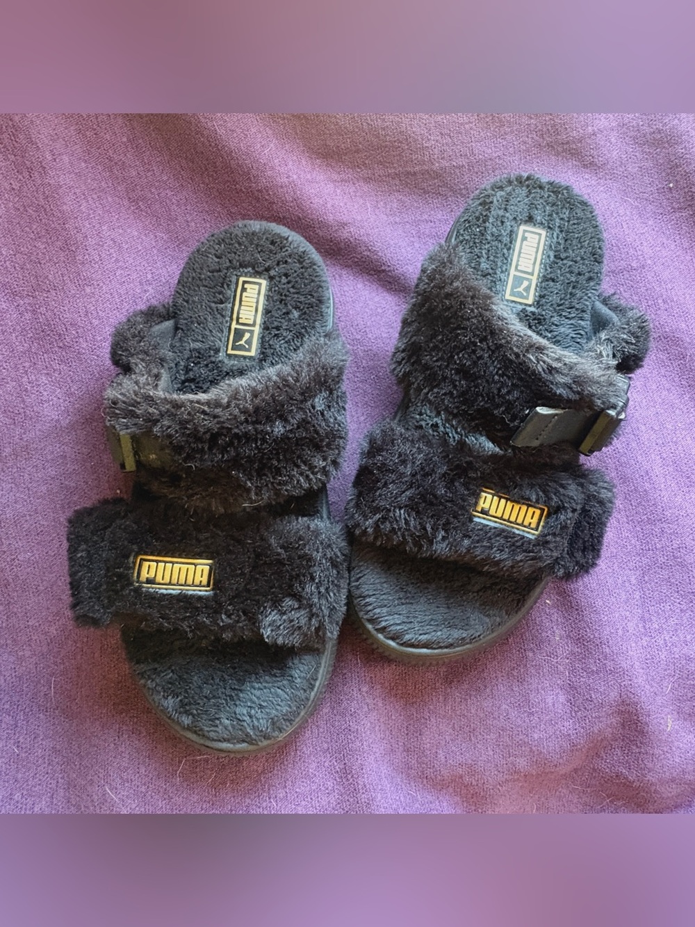 PUMA Suede Mayu Fluffy Platform Slide Sandals Black Gold Women's Size 8
